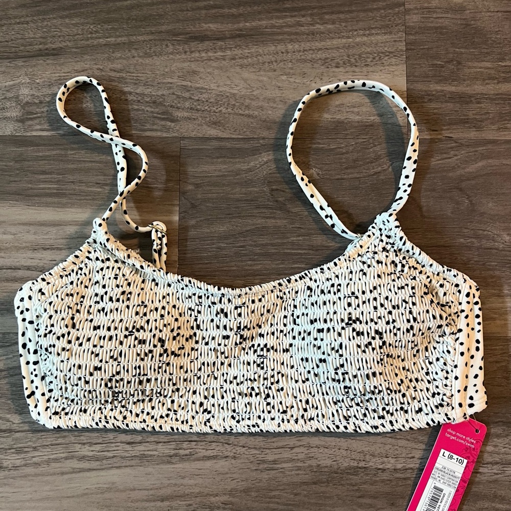 Xhilaration cream/ivory and black polka dot print smocked bikini top